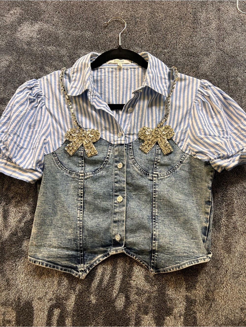 Pastels Blue & White Striped Puff Sleeve Shirt with Denim Corset Detail